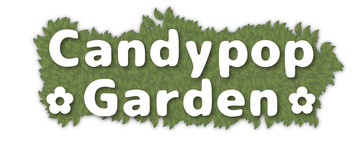 White text reading 'Candypop Garden' on top of a background of leaves
