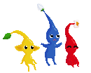 A Gif of the three main Pikmin, bouncing up and down. The yellow Pikmin is sitting with its legs hanging down, the blue Pikmin standing with itsarms up, and the red Pikmin sitting with its legs curled up.